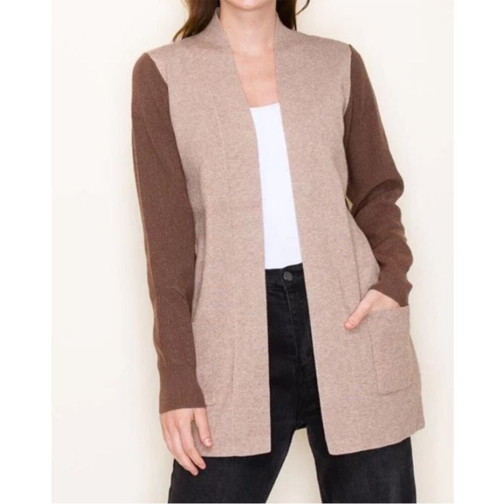 Pink Clover Color Block Cardigan Sweater Pockets Taupe Brown Womens small‎ NWOT